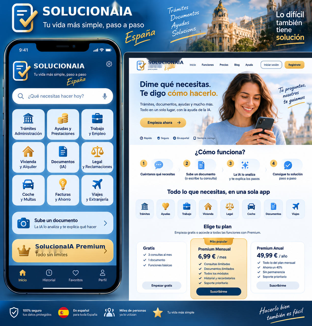 Boceto de SolucionaIA en móvil y web
